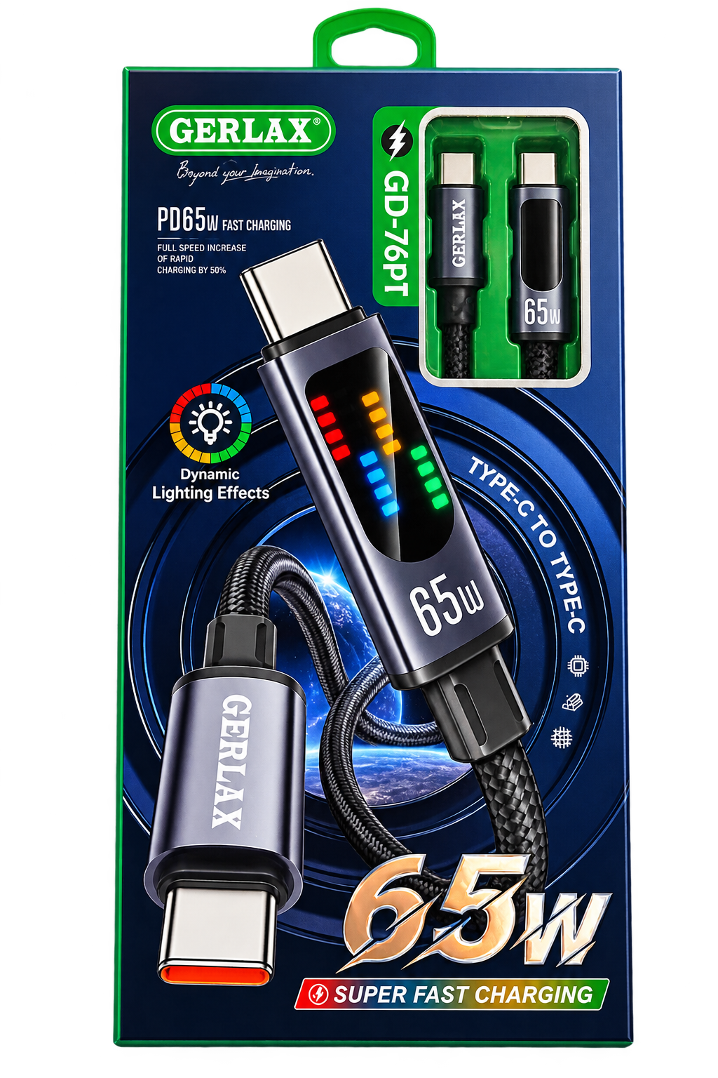 Gerlax 65W Flätad USB-C till USB-C-kabel med LED-ljuseffekter – Snabbladdning (GD-76PT) Phonefleet