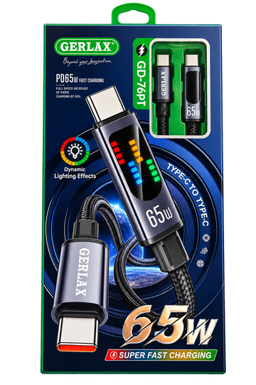 Gerlax 65W Flätad USB-C till USB-C-kabel med LED-ljuseffekter – Snabbladdning (GD-76PT)