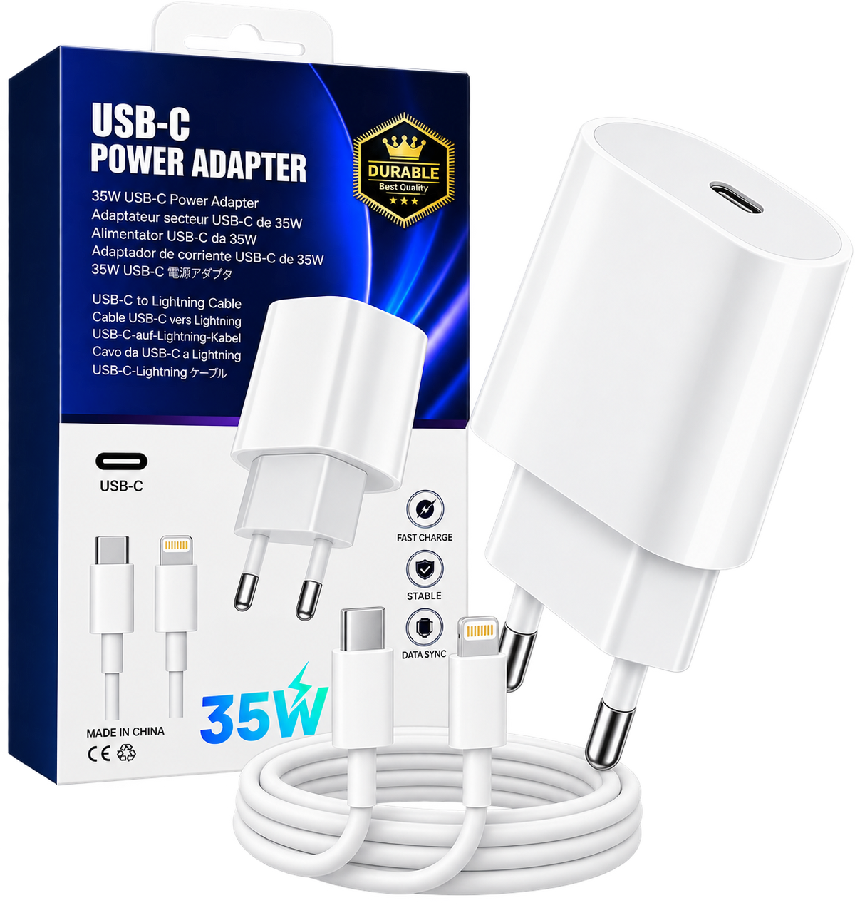 35W Snabbladdare USB-C till Lightning – Komplett Set med Adapter & Kabel Phonefleet