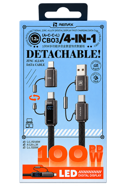 4-i-1 Premium Laddkabel med Digital Display – 100W Snabbladdning Phonefleet