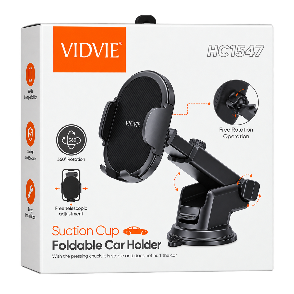 VIDVIE HC1547 Universell Mobilhållare för Bil – Sugkopp, Teleskopisk Arm & 360° Rotation för iPhone, Samsung & Alla Smartphones Phonefleet