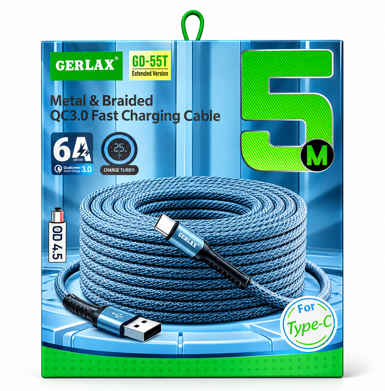5 meter USB-A till USB-C Snabbladdningskabel – Slitstark, Flätad & 6A Phonefleet