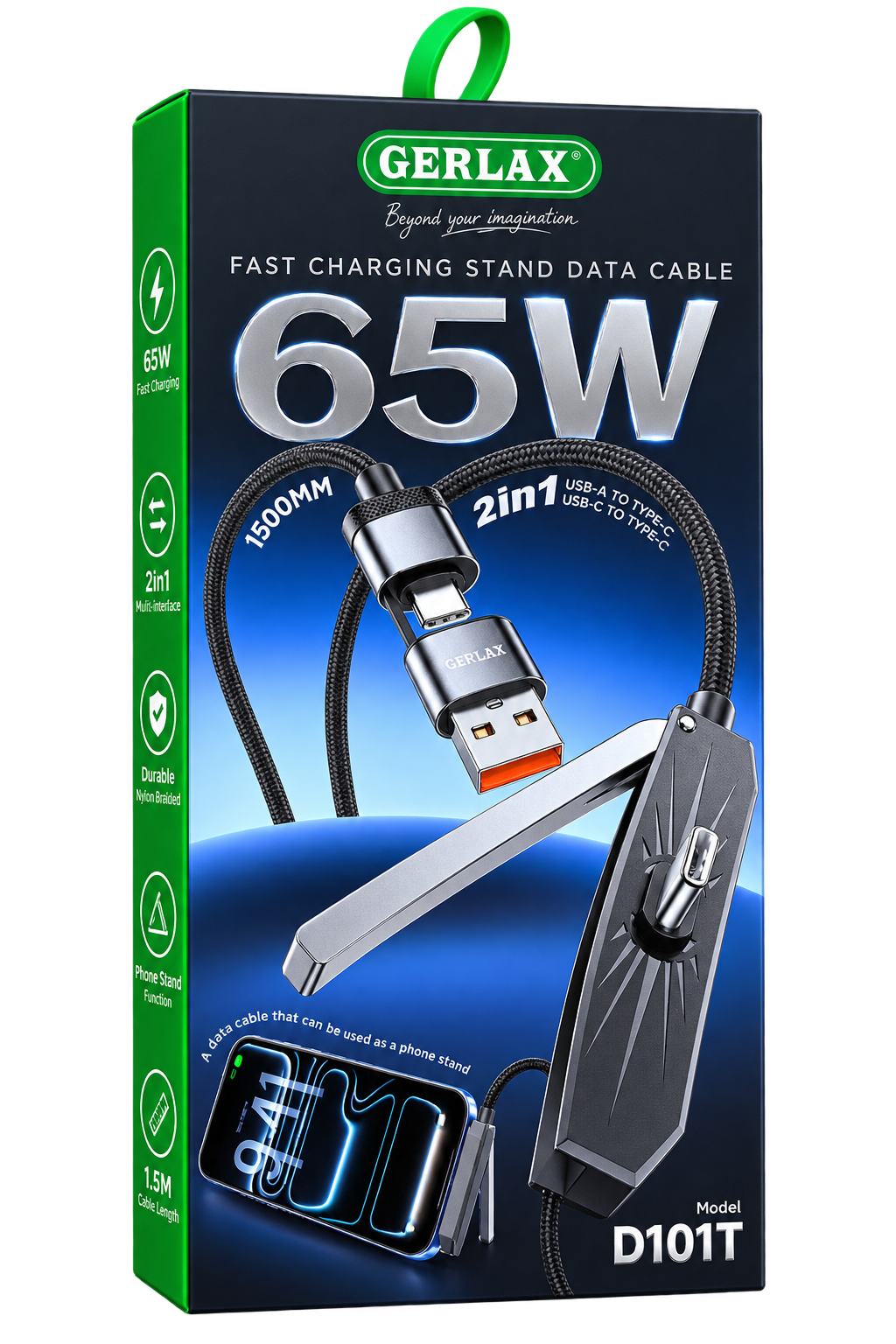 2-i-1 Snabbladdningskabel 65W med Integrerat Mobilställ – USB-A & USB-C till USB-C Phonefleet
