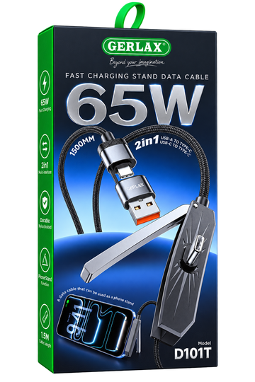 2-i-1 Snabbladdningskabel 65W med Integrerat Mobilställ – USB-A & USB-C till USB-C