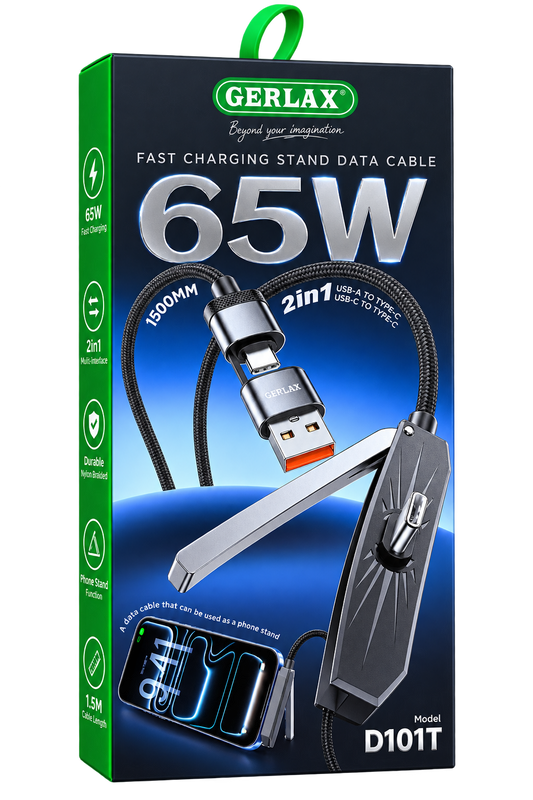 2-i-1 Snabbladdningskabel 65W med Integrerat Mobilställ – USB-A & USB-C till USB-C Phonefleet
