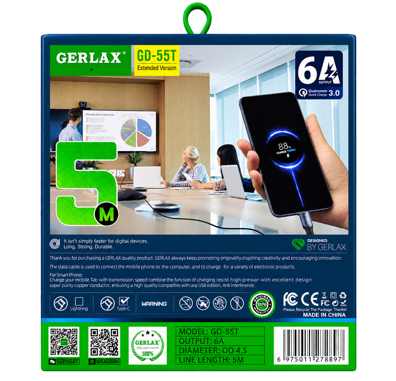 5 meter USB-A till USB-C Snabbladdningskabel – Slitstark, Flätad & 6A Phonefleet