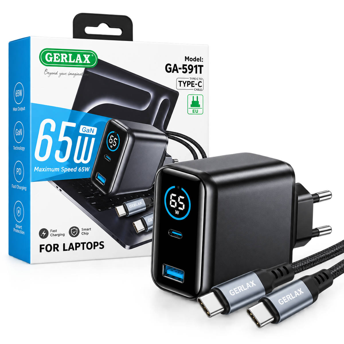 65W Snabbladdare USB-C + USB-A med LED Display – Laptop & Mobil Phonefleet