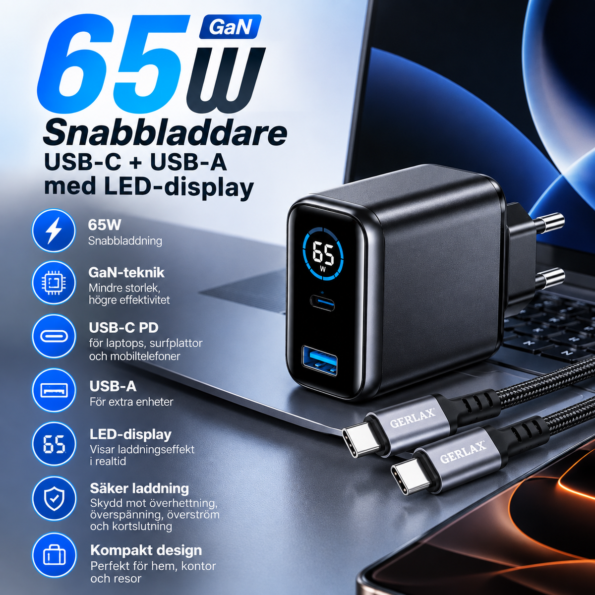 65W Snabbladdare USB-C + USB-A med LED Display – Laptop & Mobil Phonefleet