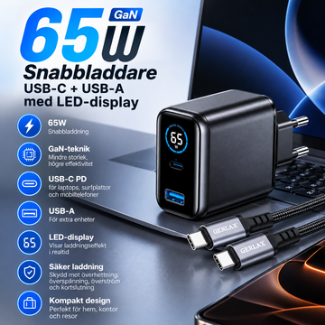 65W Snabbladdare USB-C + USB-A med LED Display – Laptop & Mobil