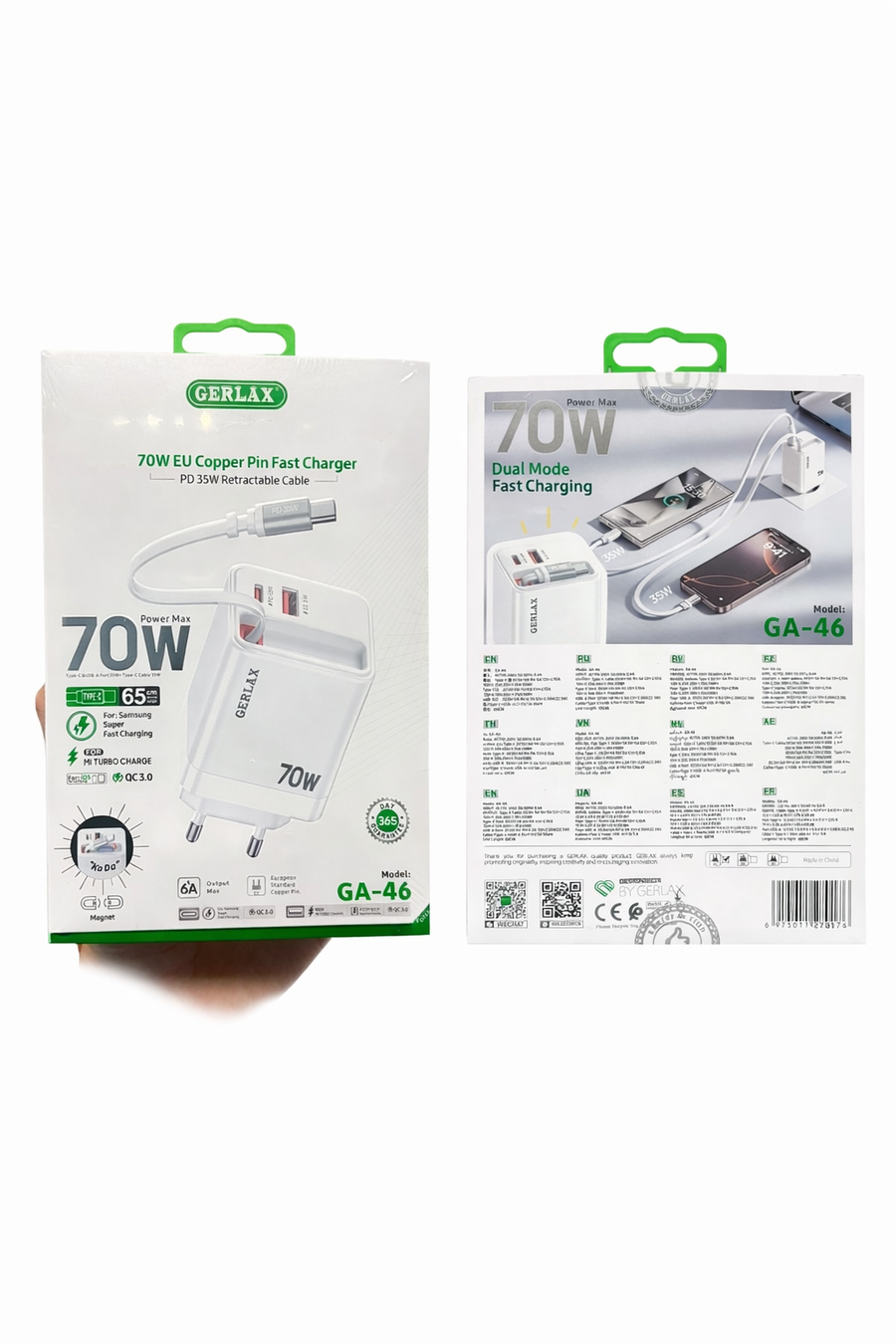 Gerlax 70w Snabbladdare med Type c kabel 1x USB-C 1x USB-A Phonefleet