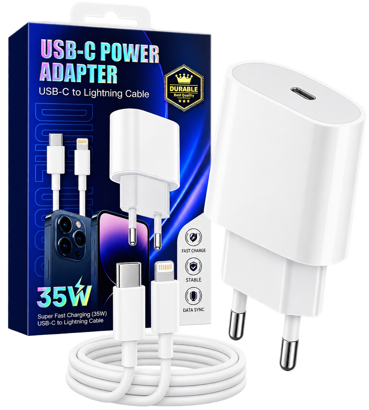 35W Snabbladdare USB-C till Lightning – Komplett Set med Adapter & Kabel Phonefleet