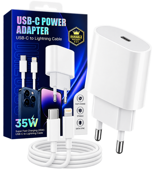 35W Snabbladdare USB-C till Lightning – Komplett Set med Adapter & Kabel Phonefleet