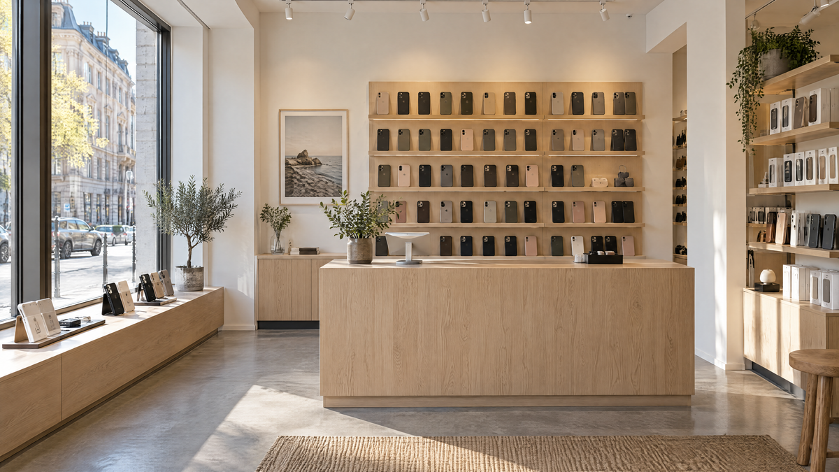 Phonefleets butik med vägg av mobilskal