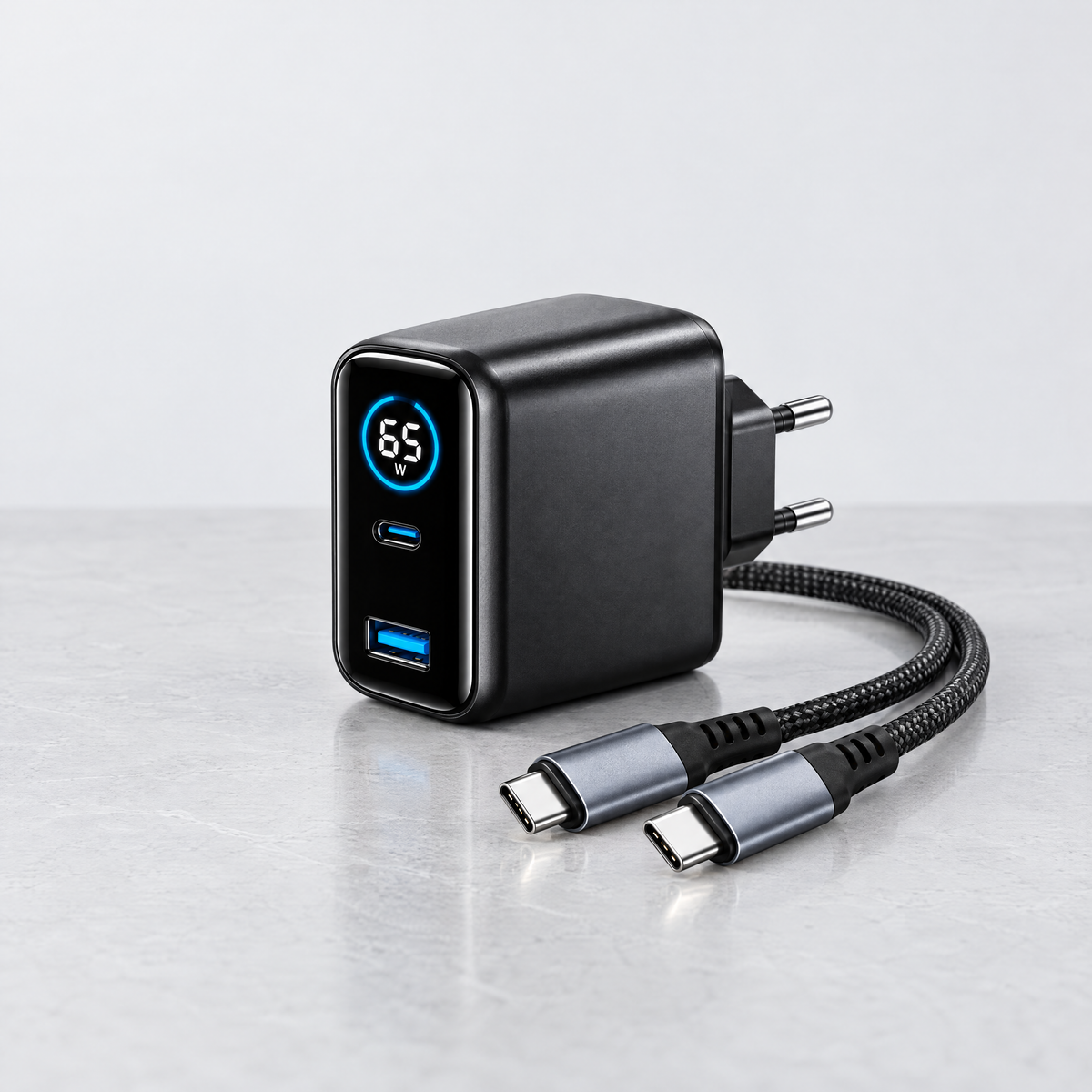 65W GaN-snabbladdare med LED-display och flätad USB-C-kabel