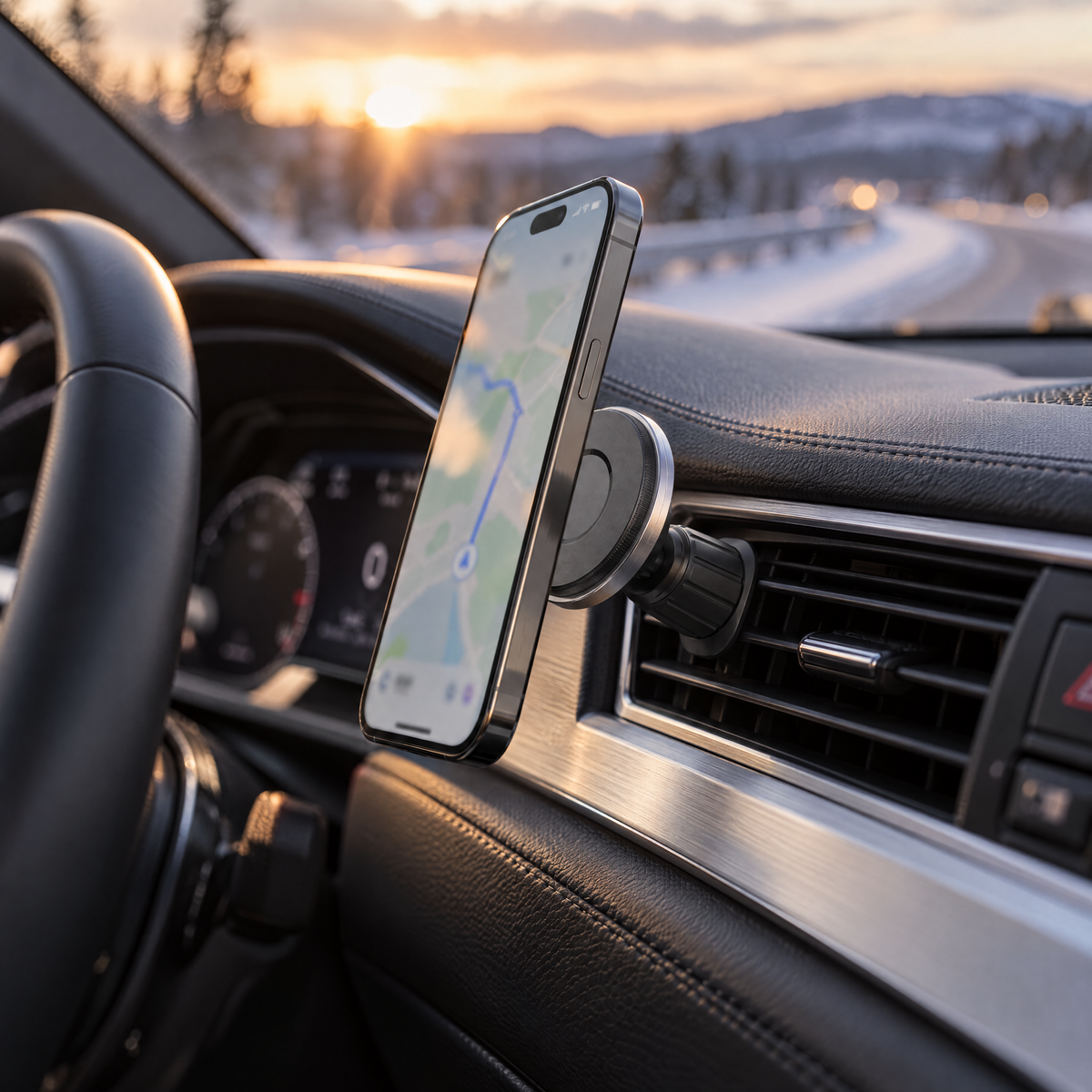 MagSafe-bilhållare i luftventilen med iPhone som visar karta