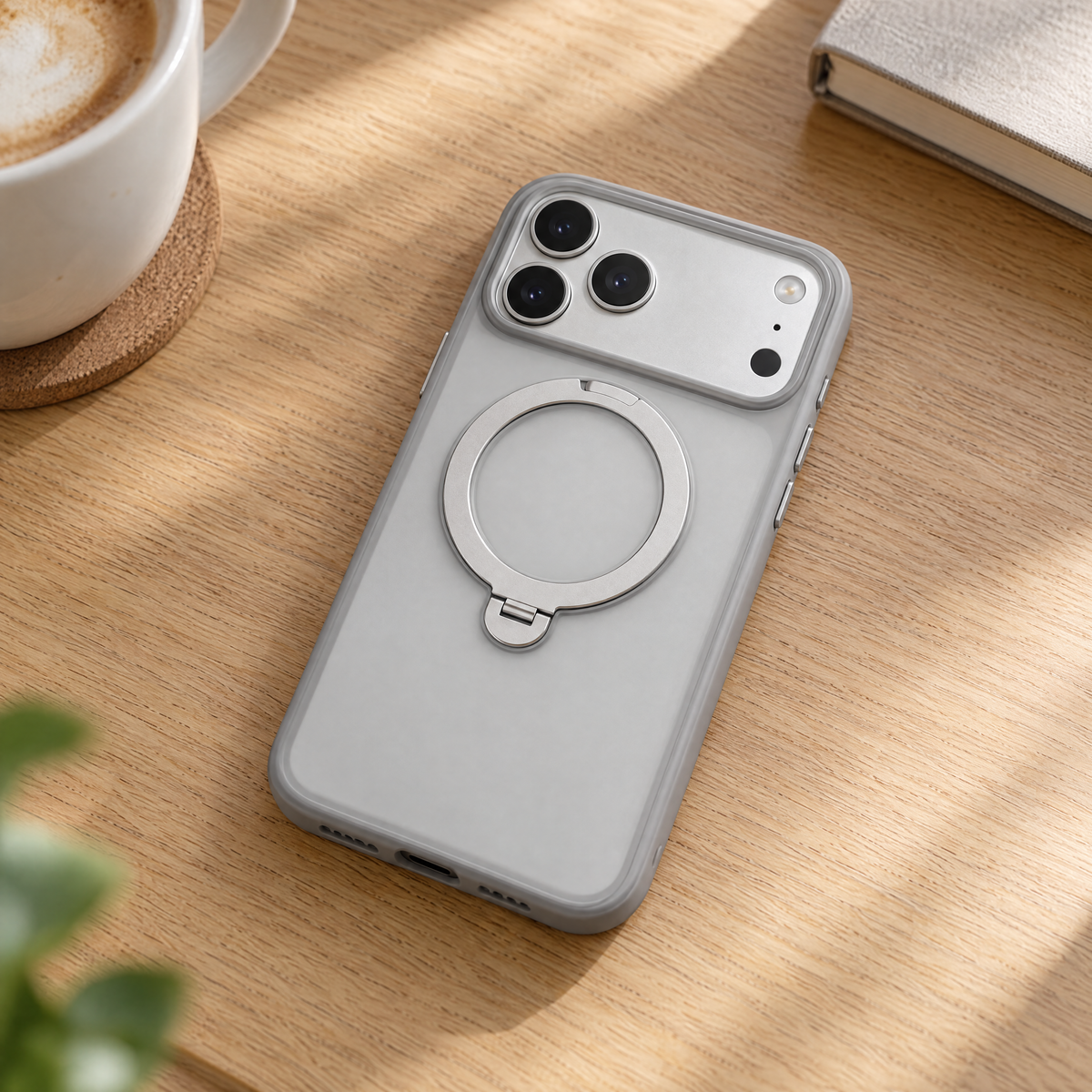 iPhone 17 Pro i frostat grått MagSafe-skal med ställ i metall på ett skrivbord