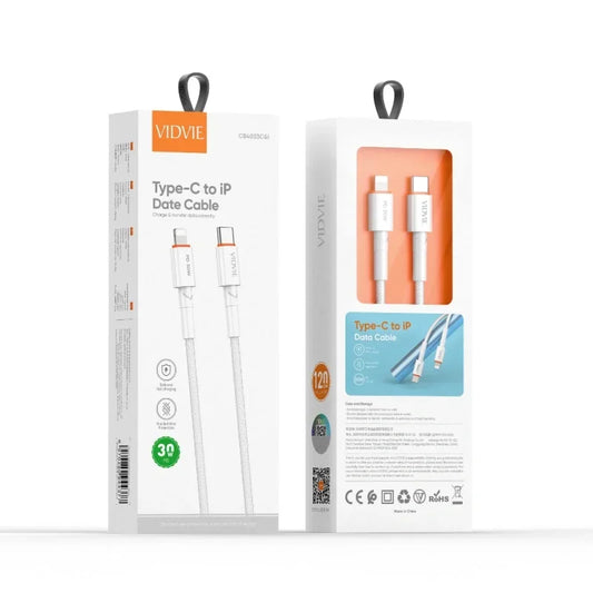 VIDVIE Flätad USB-C till Lightning-kabel 30W PD – 1,2 m Snabbladdning för iPhone, Vit VIDVIE
